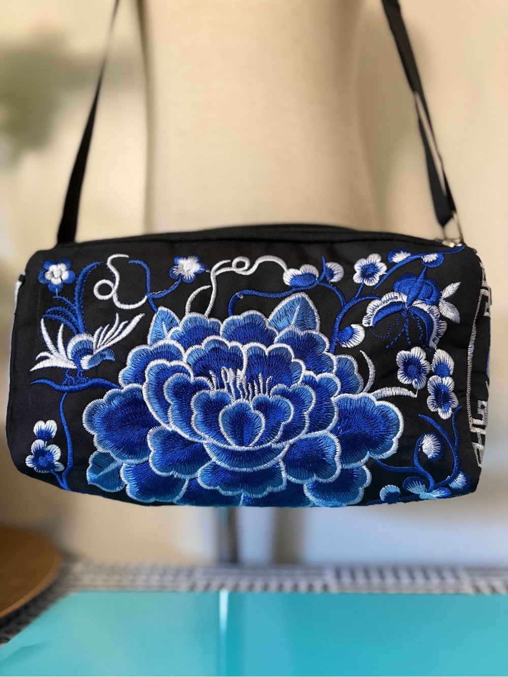 Embroidered Blue Floral Cossbody  Bag - Women NWT